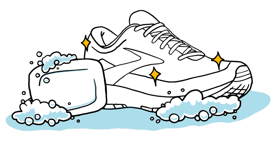 Illustration of a bar of soap and a squeaky clean Brooks shoe covered in soap suds.
