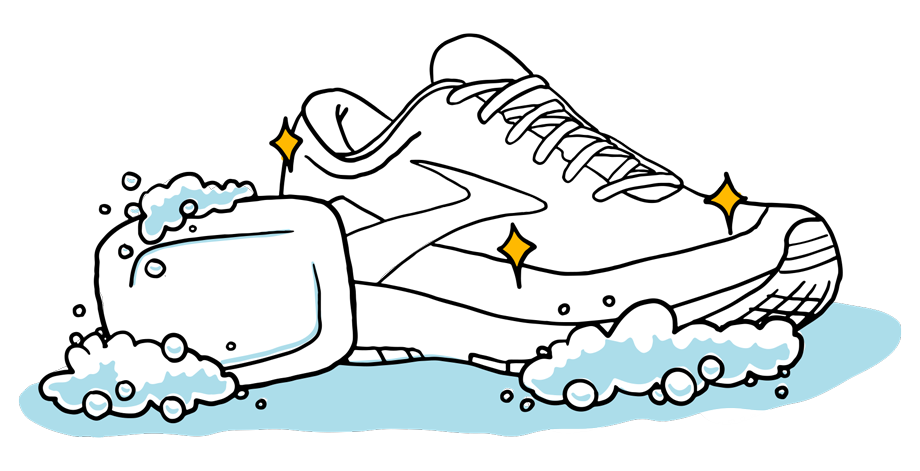 Illustration of a bar of soap and a squeaky clean Brooks shoe covered in soap suds.