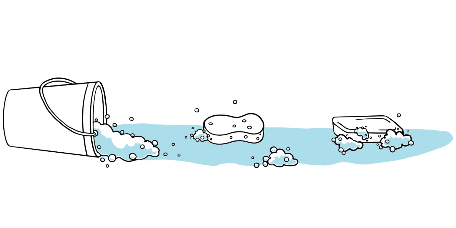 Illustration of a bucket, sponge, and bar of soap spread out on the floor sitting in clean water.