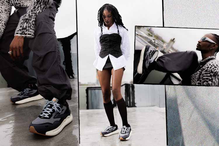 A collage of images showcasing different people wearing Brooks shoes and modern outfits, against a gray background.