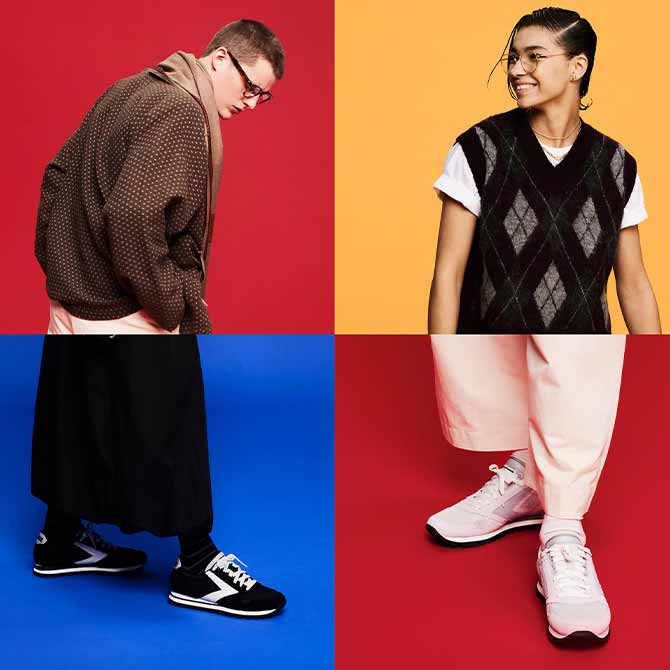 A colourful collage showcasing people standing against red, blue, yellow, and gray backgrounds.