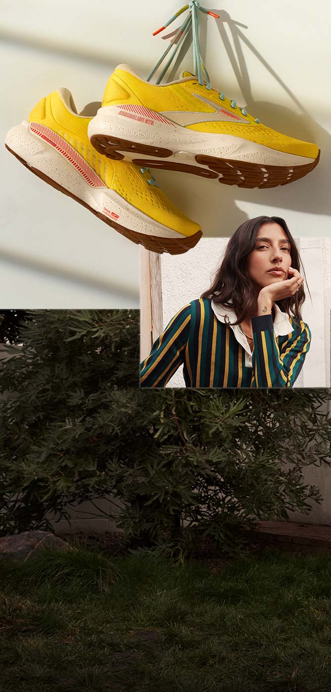 A collage of a woman with long brown hair looking to the side, next to a pair of Brooks shoes hanging on a wall